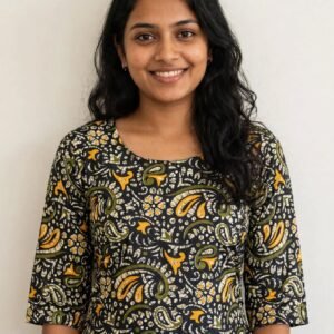 Black Mustard & Olive Kalamkari Paisley Cotton Short Kurti - Daily Wear