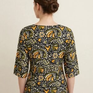 Black Mustard & Olive Kalamkari Paisley Cotton Short Kurti - Daily Wear