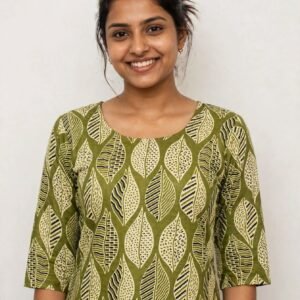 Black & Rust Red Kalamkari Paisley Cotton Short Kurti with Back Dori