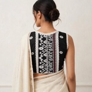 Blouse Black Magi Hata - Embroidered with White Lace Trim