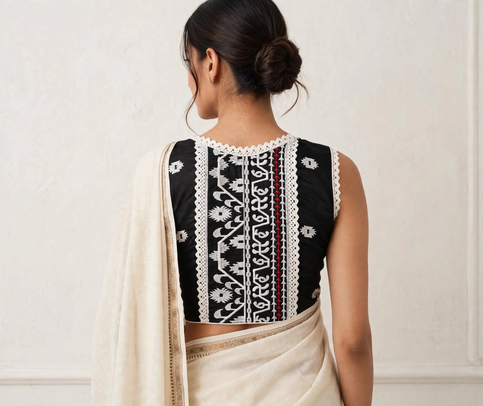 Blouse Black Magi Hata - Embroidered with White Lace Trim - Image 3