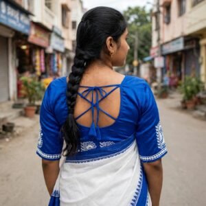 Blouse Blue Cotton Embroidery Round Neck
