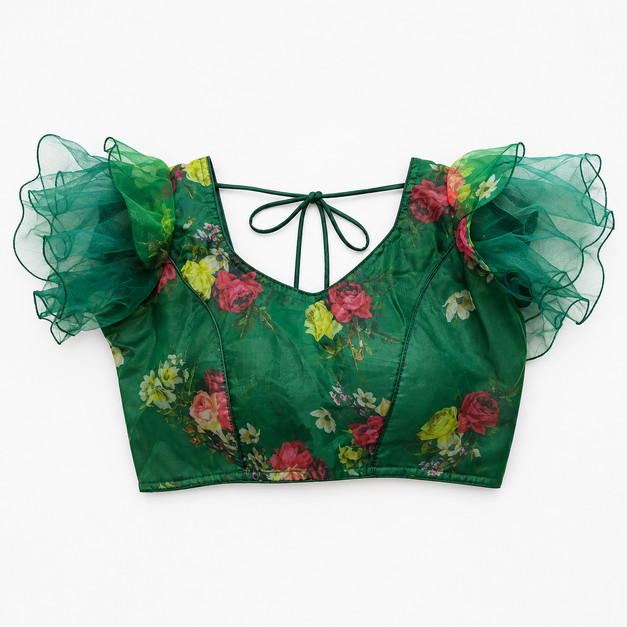 Blouse Butterfly Style Green Base Purple Rose Prints