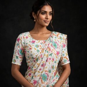 Blouse White Floral Hakoba Chikankari with Multicolor Thread Work - Elbow Sleeve