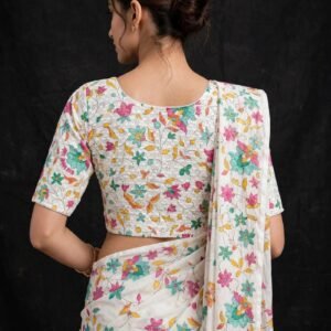 Blouse White Floral Hakoba Chikankari with Multicolor Thread Work - Elbow Sleeve