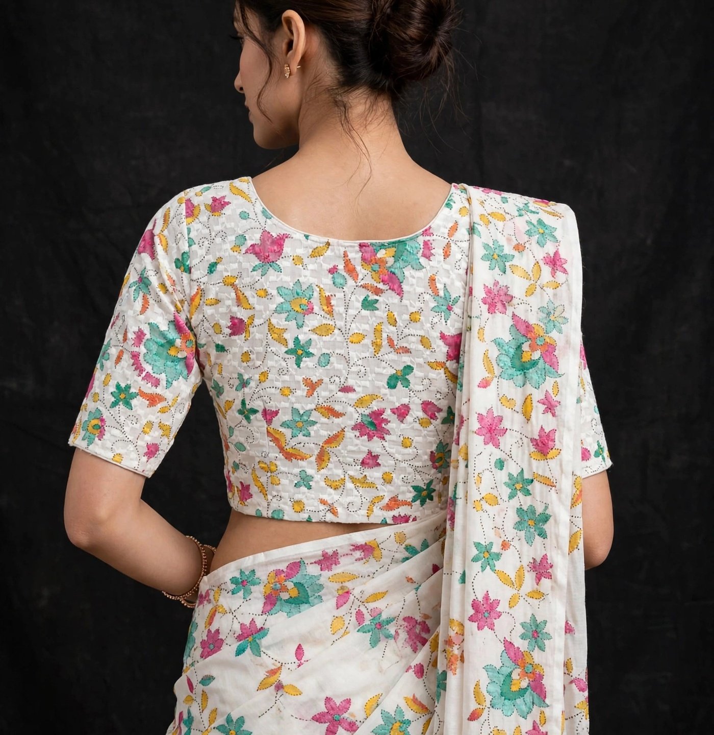Blouse White Floral Hakoba Chikankari with Multicolor Thread Work - Elbow Sleeve - Image 2