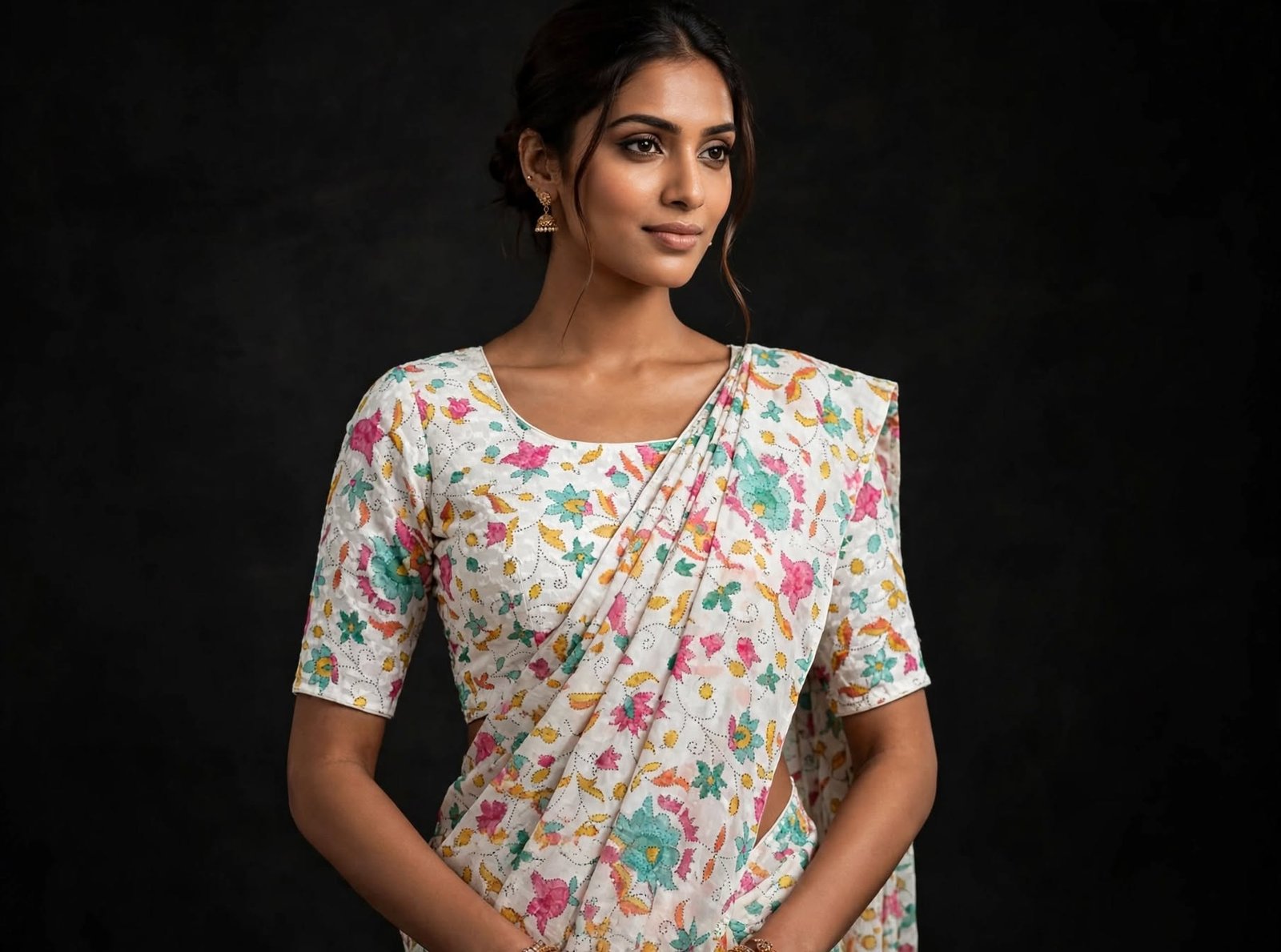 Blouse White Floral Hakoba Chikankari with Multicolor Thread Work - Elbow Sleeve