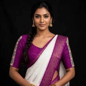 Bright RedBack Dori Cotton Blouse with White Small Flower Shiuli Buti - Back U Design