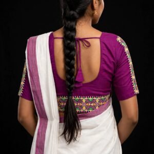 Bright RedBack Dori Cotton Blouse with White Small Flower Shiuli Buti - Back U Design
