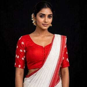 Bright Red Cotton Blouse with White Small Flower Buti Embroidery - Front Hook