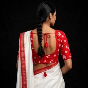Bright Red Cotton Blouse with White Small Flower Buti Embroidery - Front Hook