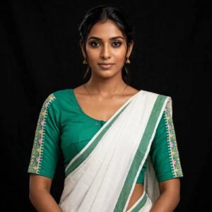 Emerald Green Cotton Blouse with Multicolor Tribal Embroidered Border - Front Hook