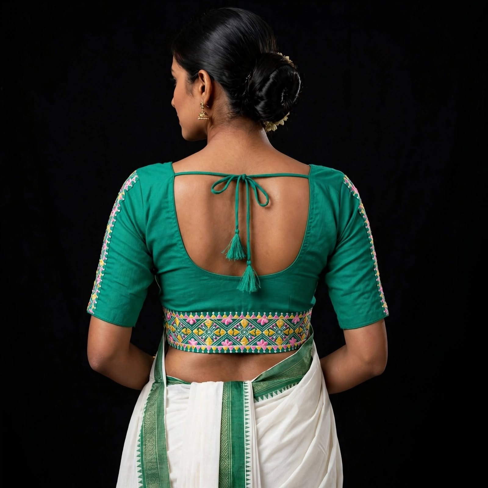 Emerald Green Cotton Blouse with Multicolor Tribal Embroidered Border - Front Hook - Image 2