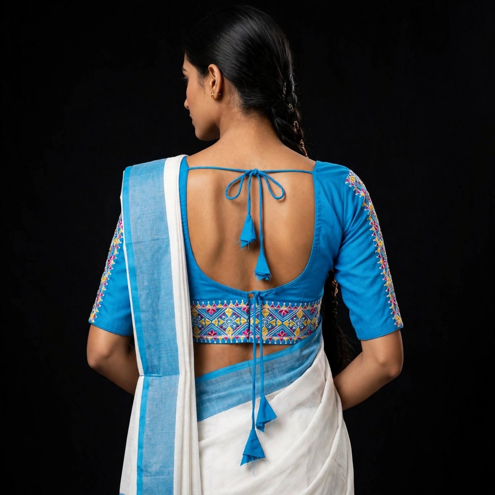 Firozi Blue Cotton Blouse with Multicolor Geometric Embroidery on Sleeves - Front Hook Daily Wear - Image 2