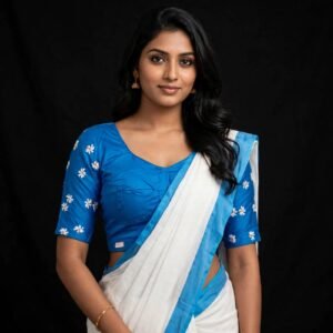 Firozi Blue Cotton Blouse with White Small Flower Buti Embroidery - Front Hook