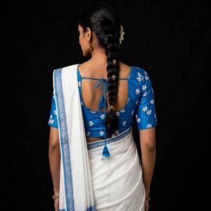 Firozi Blue Cotton Blouse with White Small Flower Buti Embroidery - Front Hook