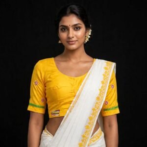 Mustard Yellow Cotton Blouse with Floral Sleeve Embroidery & Green Border