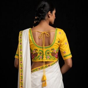 Mustard Yellow Cotton Blouse with Floral Sleeve Embroidery & Green Border