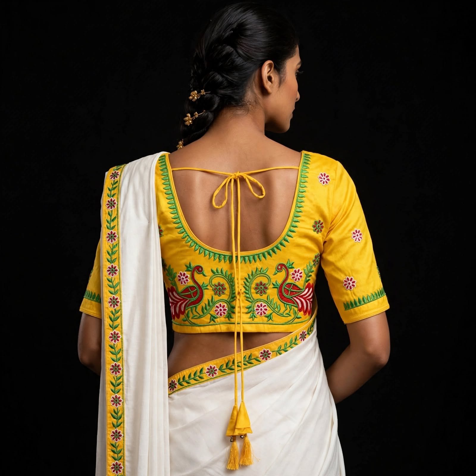 Mustard Yellow Cotton Blouse with Floral Sleeve Embroidery & Green Border - Image 2