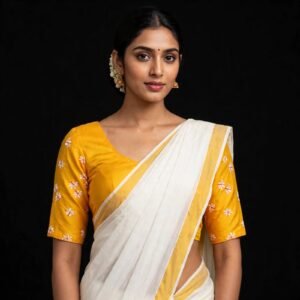 Mustard Yellow Cotton Blouse with White Small Flower Buti Embroidery - Front Hook