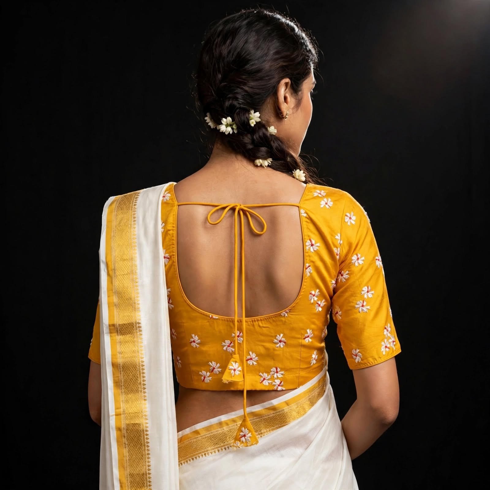 Mustard Yellow Cotton Blouse with White Small Flower Buti Embroidery - Front Hook - Image 2