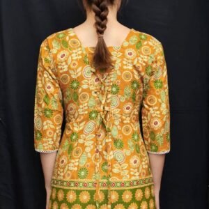 Mustard Yellow Floral Printed Cotton Short Kurti with Green Border & Lace Work