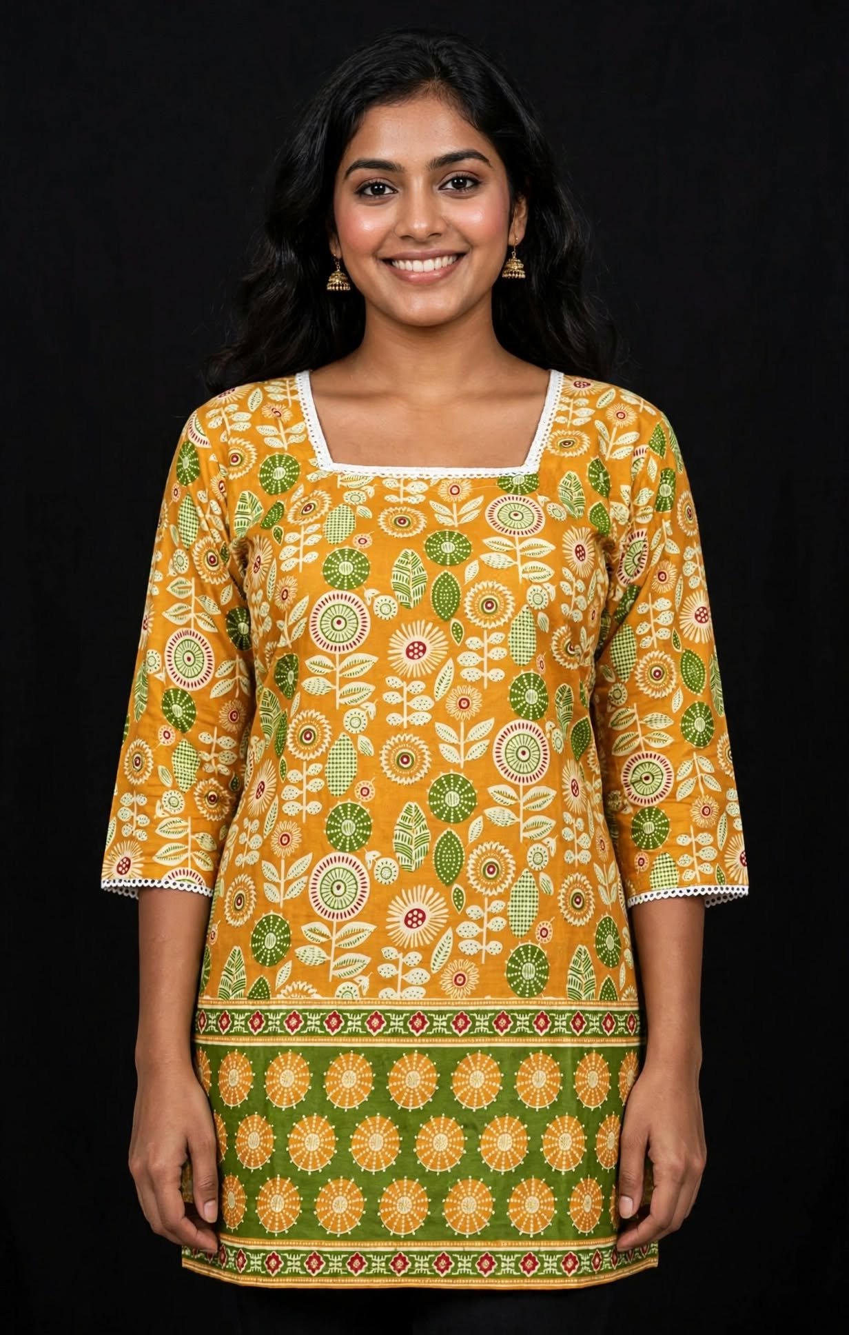 Mustard Yellow Floral Printed Cotton Short Kurti with Green Border & Lace Work