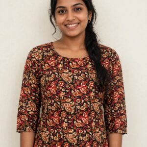 Navy Blue & Red Cotton Kurti - Back View - Back Dori Design with Heavy Mughal Border