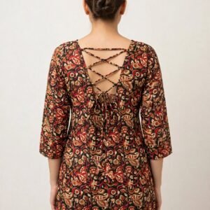 Navy Blue & Red Cotton Kurti - Back View - Back Dori Design with Heavy Mughal Border