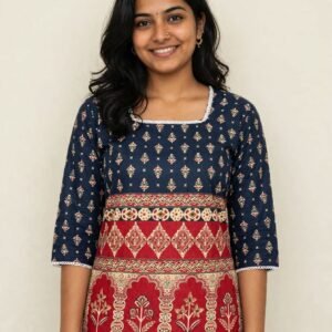 Navy Blue & Red Mughal Print Cotton Short Kurti with Lace Work - Heavy Daman Border