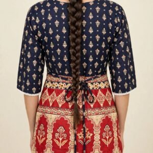 Navy Blue & Red Mughal Print Cotton Short Kurti with Lace Work - Heavy Daman Border