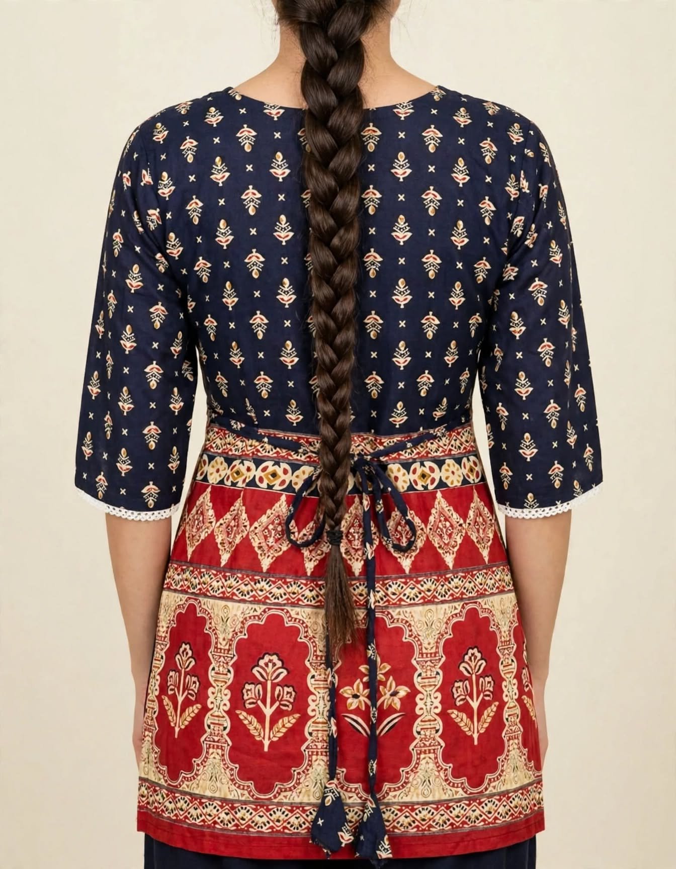 Navy Blue & Red Mughal Print Cotton Short Kurti with Lace Work - Heavy Daman Border - Image 2
