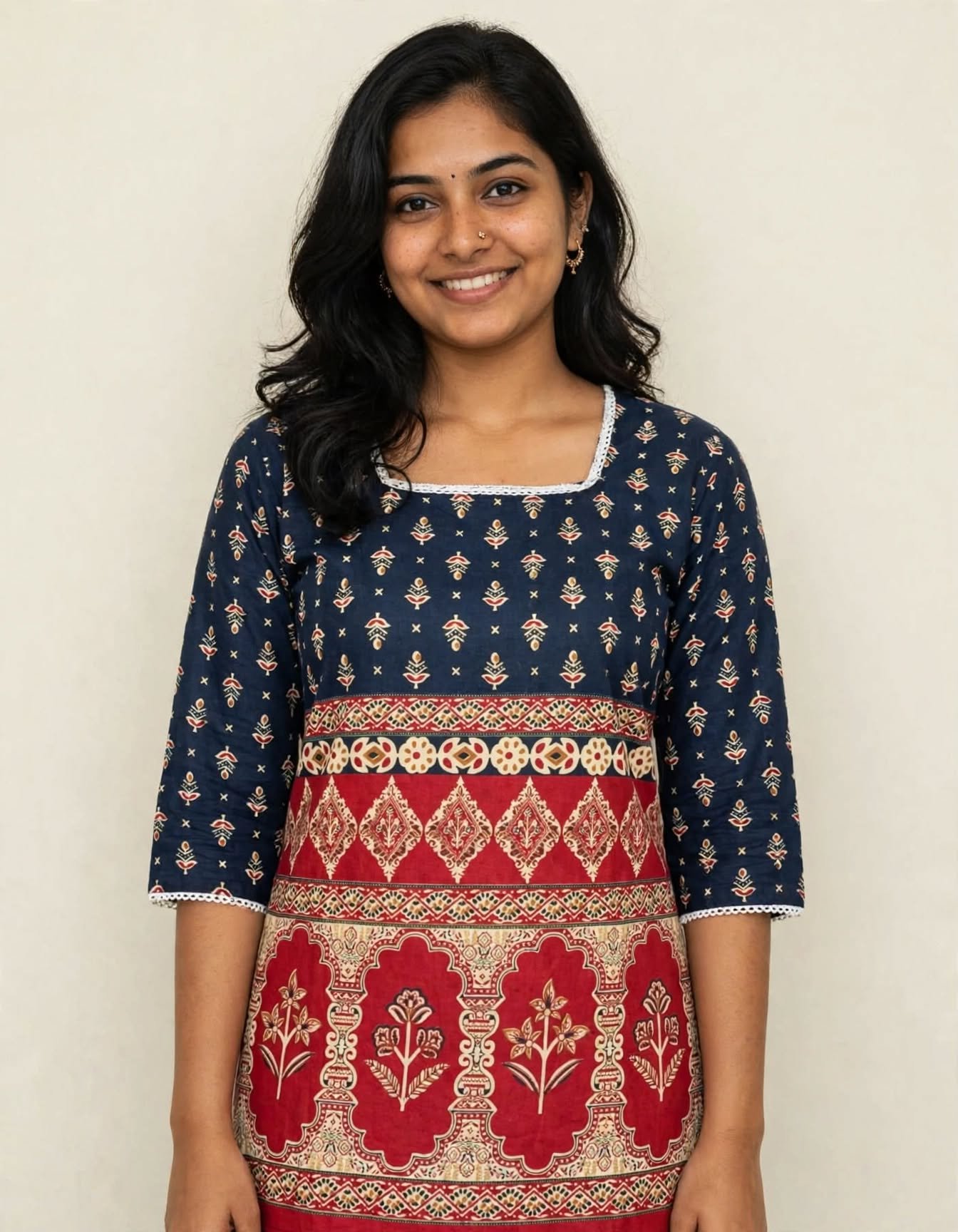 Navy Blue & Red Mughal Print Cotton Short Kurti with Lace Work - Heavy Daman Border