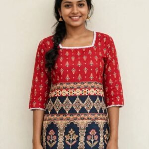 Red & Navy Blue Mughal Print Cotton Short Kurti with Lace Work