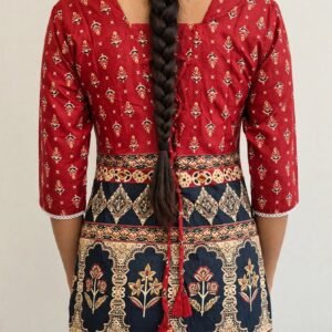 Red & Navy Blue Mughal Print Cotton Short Kurti with Lace Work