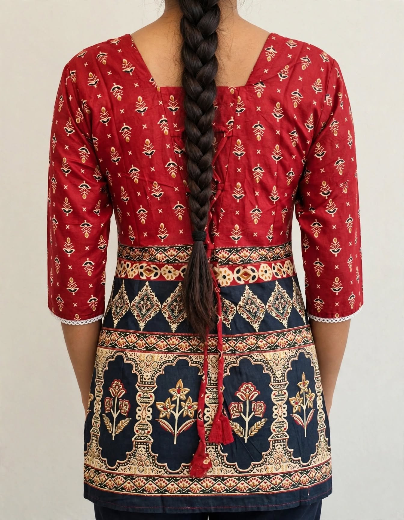 Red & Navy Blue Mughal Print Cotton Short Kurti with Lace Work - Image 2