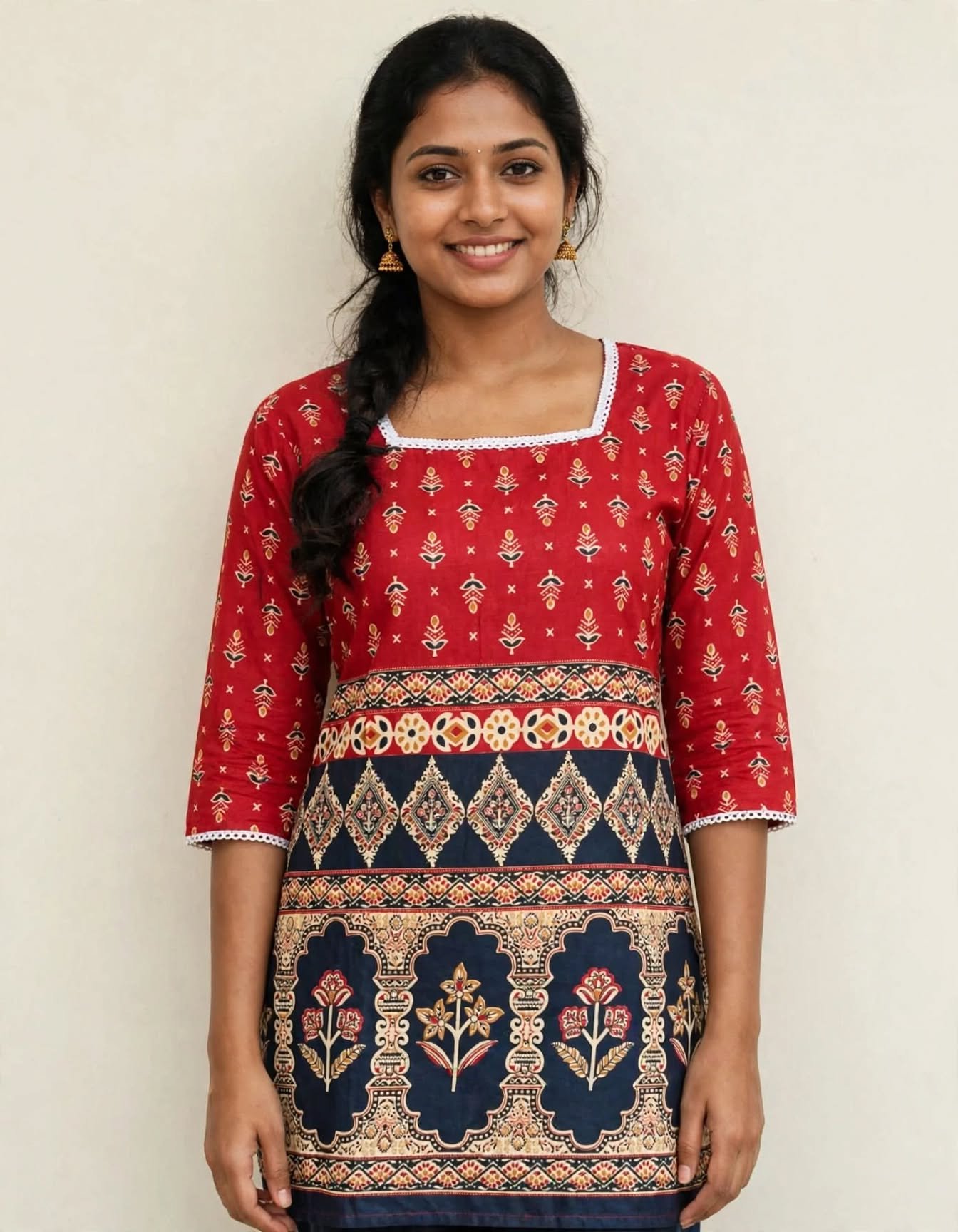 Red & Navy Blue Mughal Print Cotton Short Kurti with Lace Work