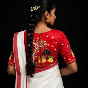 Sindoori Red Cotton Blouse with Bird, Flower & Sailboat Embroidery on Sleeves - Trendy Daily Wear