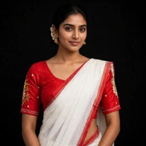 Sindoori Red Cotton Blouse with Golden Paisley & Dot Embroidery on Sleeves - Front Hook