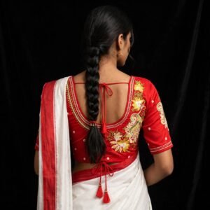 Sindoori Red Cotton Blouse with Golden Paisley & Dot Embroidery on Sleeves - Front Hook