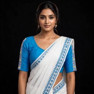 Sky Blue Cotton Blouse with Multicolor Tribal Embroidery on Sleeves - Front Hook