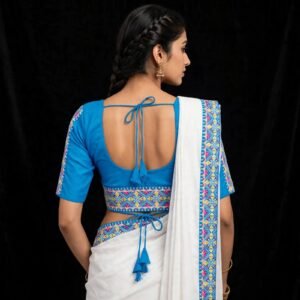 Sky Blue Cotton Blouse with Multicolor Tribal Embroidery on Sleeves - Front Hook