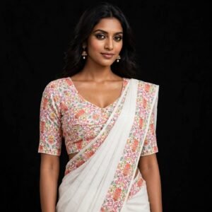 White Base Multicolor Floral Printed Cotton Blouse - Sweetheart Neck Elbow Sleeve