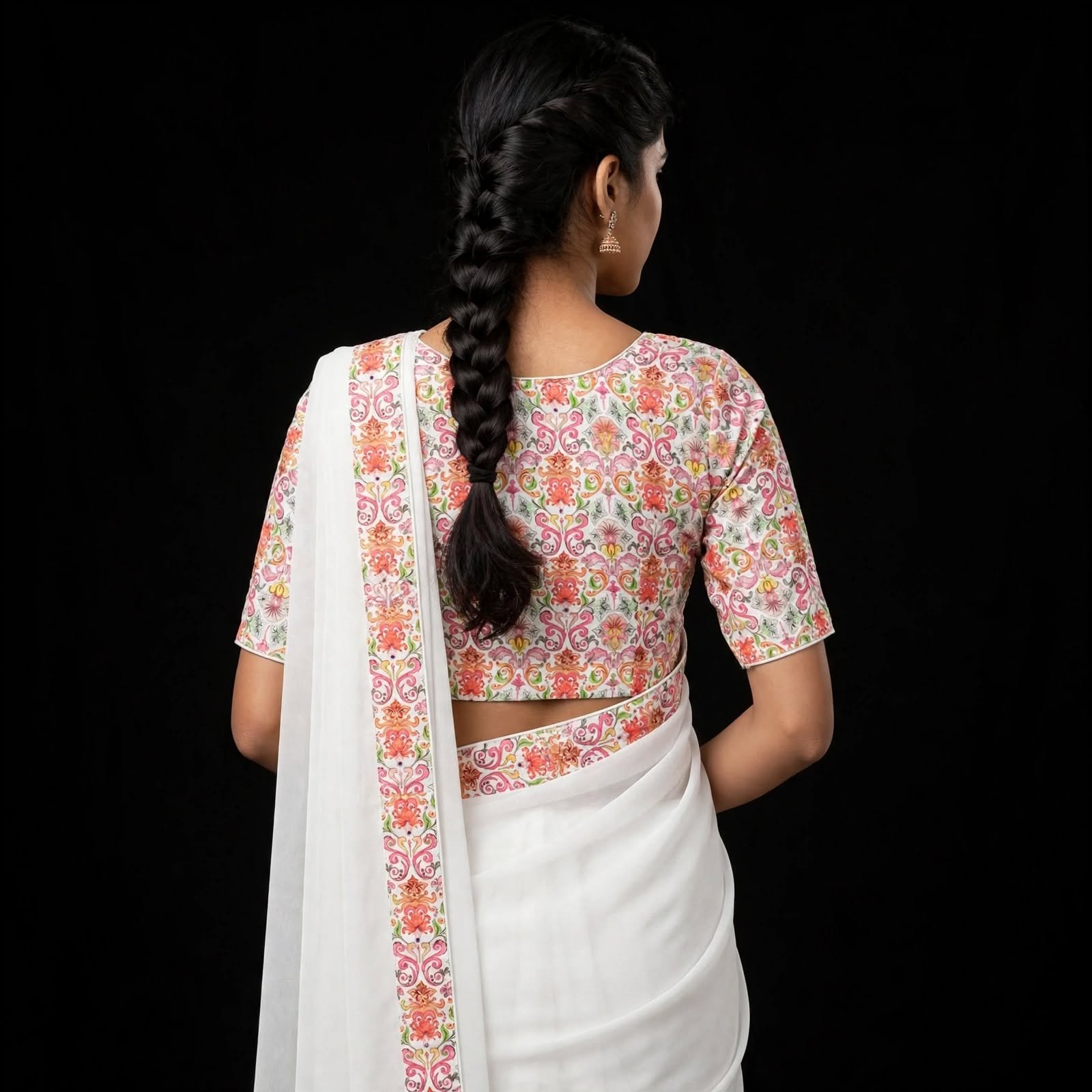 White Base Multicolor Floral Printed Cotton Blouse - Sweetheart Neck Elbow Sleeve - Image 2