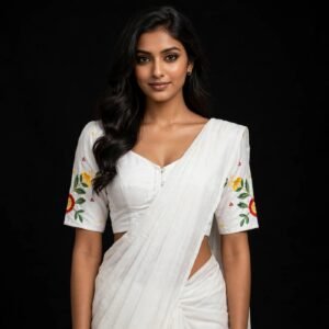White Cotton Saree Blouse with Multicolor Floral Embroidery on Sleeves
