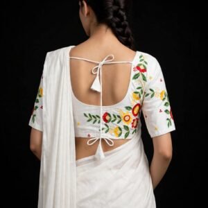 White Cotton Saree Blouse with Multicolor Floral Embroidery on Sleeves