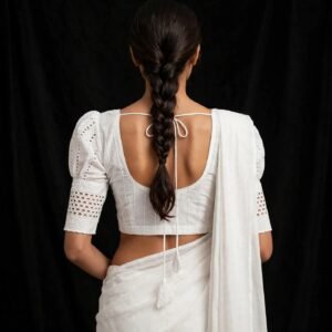 Blouse White Hakoba Puff Sleeve Saree with Eyelet Cutwork - Sweetheart Neck