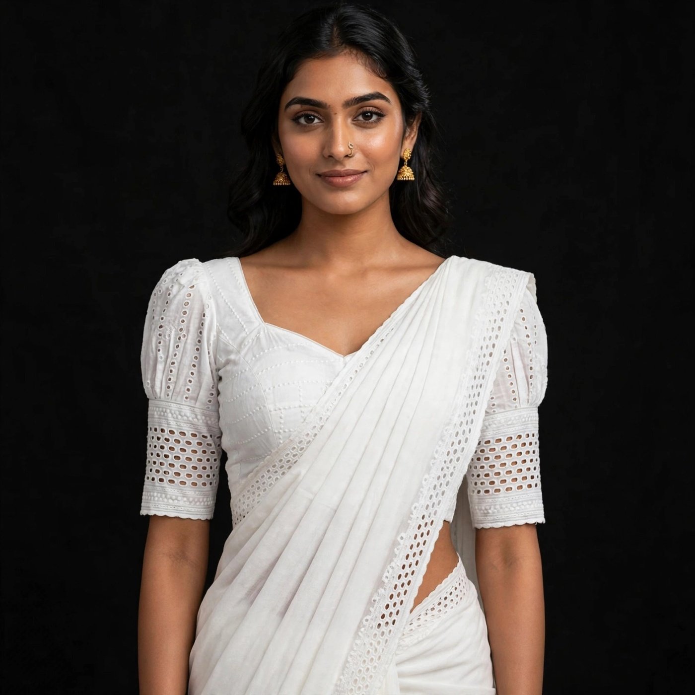 Blouse White Hakoba Puff Sleeve Saree with Eyelet Cutwork - Sweetheart Neck