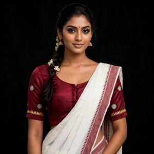 Wine Maroon Cotton Blouse with Green Floral Buti & Golden Temple Border - Front Hook