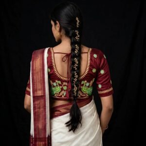 Wine Maroon Cotton Blouse with Green Floral Buti & Golden Temple Border - Front Hook